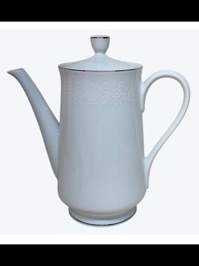 Crown Victoria Lovelace 9"  White Fine China Coffee/Tea Pot with Silver Trim